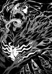  1boy absurdres character_name claws commentary english fangs greyscale highres ishiyumi looking_at_viewer male_focus marvel monochrome sharp_teeth solo spider-man_(series) symbiote teeth tongue tongue_out venom_(marvel) 