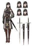  1girl belt black_eyes black_hair blush buckle character_sheet commentary earrings expressions gauntlets highres holding holding_weapon jewelry jun_(seojh1029) medium_hair original scabbard sheath solo sword weapon 