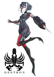  1girl :o arm_cannon bodysuit claws commentary covered_navel cyborg eidenjyou1997 english_commentary flippers full_body genderswap genderswap_(mtf) grey_bodysuit grey_hair harpoon harpoon_gun highres impossible_bodysuit impossible_clothes kaijin kamen_rider kamen_rider_v3_(series) logo open_mouth red_eyes simple_background solo water_gun_todo weapon white_background 