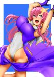 1girl armpits arms_up blue_eyes breasts covered_navel erect_nipples gloves gundam gundam_seed gundam_seed_destiny hair_ornament highleg highleg_leotard highres impossible_clothes impossible_leotard large_breasts leotard long_hair looking_at_viewer meer_campbell open_mouth pink_hair purple_leotard smile solo star star_hair_ornament thong_leotard wantsupanchi!! white_leotard 