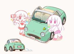  +_+ 2girls ;d bocchi_the_rock! bow car colored_shadow commentary cube_hair_ornament gotoh_hitori grey_background hair_ornament hanomido highres holding jacket kita_ikuyo long_hair long_sleeves motor_vehicle multiple_girls nissan_figaro one_eye_closed one_side_up pants pants_under_skirt pleated_skirt purple_skirt red_bow red_skirt sailor_collar school_uniform selfie_stick serafuku shadow shirt shoshinsha_mark skirt smile standing track_jacket track_pants track_suit very_long_hair 