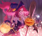  1girl bare_shoulders basket bewitching_janna breasts broom cleavage glasses gloves halloween hat janna_windforce large_breasts league_of_legends long_hair looking_at_viewer pink_eyes pink_hair pumpkin solo staff witch witch_hat zaket07 