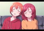  2girls closed_eyes commentary_request couch drawstring eyebrows_visible_through_hair highres hood hood_down hoshizora_rin letterboxed love_live! love_live!_school_idol_project multiple_girls nishikino_maki omaehadareda-uso open_mouth orange_hair orange_shirt red_hoodie redhead shirt short_hair sleeping u_u upper_body 