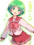  1girl :d blush bow bowtie character_name deyuuku eyebrows_visible_through_hair green_eyes green_hair green_outline long_sleeves looking_at_viewer multi open_mouth pink_neckwear red_sailor_collar red_skirt robot_ears sailor_collar shirt short_hair skirt smile solo to_heart white_background white_shirt 