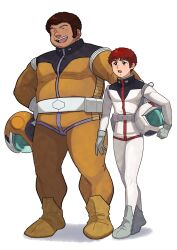  2boys amuro_ray belt black_hair boots closed_eyes commentary_request dark_skin earth_federation friends gloves gundam hand_on_another's_back helmet highres holding holding_helmet insignia kogetoriten_999 military_uniform mobile_suit_gundam multiple_boys open_mouth pilot_suit redhead ryu_jose science_fiction shadow short_hair size_difference space_helmet spacesuit talking tikarawaza white_background 