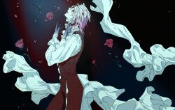  1boy absurdres black_background chest_harness colored_skin eyeshadow flower frilled_shirt_collar frilled_sleeves frills gavis_bettel gavis_bettel_(2nd_costume) hands_up harness highres holostars holostars_english jewelry looking_up makeup male_focus multicolored_skin multiple_rings open_mouth pale_skin parted_lips pink_hair profile purple_skin ring rose screetuber shirt solo spotlight virtual_youtuber white_hair white_shirt x_arms 