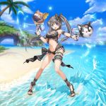  1girl :d aqua_eyes armband armpits beach bikini blue_sky bow breasts choker cleavage clouds dual_wielding frilled_bikini frilled_swimsuit frills hair_between_eyes heterochromia high_heels holding island large_breasts looking_at_viewer navel ocean open_mouth palm_tree ponytail risa_(valkyrie_connect) sand sandals sky smile splashing summer sun swimsuit tree valkyrie_connect violet_eyes water_gun 
