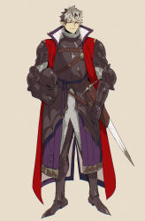  1boy armor bevor black_armor black_hair breastplate brown_background chainmail closed_mouth coat couter crimzon_ruze cuirass earrings full_body gauntlets grey_hair hair_between_eyes helmet highres holding holding_helmet holostars holostars_english jewelry multicolored_hair pauldrons pointy_ears red_coat sabaton screetuber sheath sheathed shoulder_armor sleeveless sleeveless_coat smile surcoat sword two-tone_hair virtual_youtuber weapon 