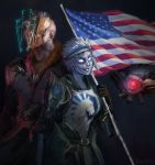 1boy 1girl 1other american_flag armor back-to-back blood ceresy commentary dahang_(gamer) drone english_commentary faceless flag flagpole galena_(quake) gauntlets glowing glowing_eye glowing_eyes grey_background grin headband heads-up_display height_difference highres holographic_monitor huge_weapon mohawk no_pupils nose one-eyed pale_skin peeker_(quake) quake quake_champions rapha_(gamer) rocket_launcher scar smile tabard team_liquid visor visor_(quake) weapon white_hair 