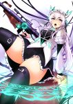  1girl absurdres agetama black_legwear bonnet breasts chaika_trabant earrings gun highres hitsugi_no_chaika holding holding_gun holding_weapon jewelry long_hair looking_at_viewer open_mouth sitting solo teeth thick_eyebrows thigh-highs tongue violet_eyes weapon white_hair 