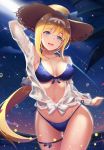  1girl alice_schuberg bikini blonde_hair blue_bikini blue_eyes blue_sky breasts chinese_commentary cleavage commentary_request cowboy_shot dress_shirt front-tie_top hairband hat highres l.bou long_hair looking_at_viewer medium_breasts navel shirt side-tie_bikini sky solo sparkle straw_hat sun_hat swimsuit sword_art_online tied_shirt very_long_hair white_hairband 