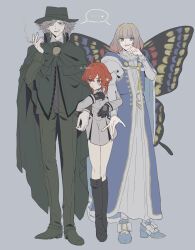  1boy 2boys absurdres blue_eyes ca_(ca_gemini) cape cigarette commentary_request edmond_dantes_(fate) fate/grand_order fate_(series) formal fujimaru_ritsuka_(female) fujimaru_ritsuka_(female)_(decisive_battle_chaldea_uniform) full_body grey_hair highres holding holding_cigarette locked_arms multiple_boys oberon_(fate) official_alternate_costume orange_eyes orange_hair short_hair smoke smoking 