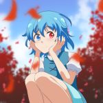  1girl autumn_leaves blue_eyes blue_hair blue_sky cato_(monocatienus) commentary day eyebrows_visible_through_hair hair_between_eyes hands_on_own_cheeks hands_on_own_face heterochromia leaf looking_at_viewer outdoors puffy_short_sleeves puffy_sleeves red_eyes short_hair short_sleeves sky smile solo squatting tatara_kogasa touhou 
