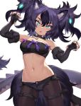 1girl bare_shoulders black_gloves black_hair blue_eyes breasts chestnut_mouth claw_pose collar cutoffs elbow_gloves fingerless_gloves gloves guchico medium_breasts midriff multicolored_hair navel pantyhose pantyhose_under_shorts purple_hair scar scar_across_eye short_shorts shorts simple_background solo spiked_collar spikes strapless tail thigh_strap tubetop twintails two-tone_hair 