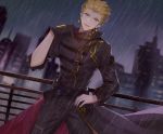  1boy absurdres black_pants blonde_hair building dutch_angle earrings fate/stay_night fate_(series) gilgamesh head_tilt highres jewelry male_focus night outdoors pants rain red_eyes rooftop solo zhongnan 