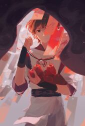  1boy armor armpit_cutout black_eyes black_hair bow clenched_hand closed_mouth clothing_cutout crying food fruit genshin_impact hand_up highres holding holding_food holding_fruit japanese_armor japanese_clothes kariginu kimono kote kurokote lavender_melon_(genshin_impact) layered_clothes layered_kimono layered_sleeves litarnes looking_at_viewer male_focus open_hand pelvic_curtain pom_pom_(clothes) purple_bow purple_kimono purple_sash purple_sleeves purple_veil raised_eyebrow sash scaramouche_(genshin_impact) scaramouche_(kabukimono)_(genshin_impact) sleeves_past_elbows smoke solo streaming_tears string tears upper_body web_address white_sleeves wind_chime 