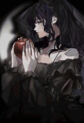  1girl absurdres apple asahina_mafuyu bad_apple!! bare_shoulders black_choker black_dress black_veil choker collarbone dress food food_bite frills fruit highres holding holding_food holding_fruit long_hair long_sleeves looking_at_viewer off-shoulder_dress off_shoulder otsggn parted_lips ponytail profile project_sekai purple_hair solo upper_body veil violet_eyes 
