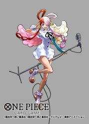  1girl blue_gloves commentary_request copyright_name dress elbow_gloves full_body gloves grey_background hair_over_one_eye headphones holding holding_microphone_stand microphone microphone_stand nansui_kinoko official_art one_piece one_piece_card_game open_mouth pink_wings redhead short_dress simple_background single_elbow_glove sleeveless sleeveless_dress smile solo twintails uta_(one_piece) vintage_microphone violet_eyes white_dress white_hair wings 