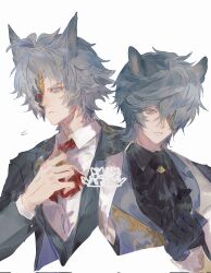  2boys animal_ears ascot blue_eyes erune eye_mask eyepatch formal granblue_fantasy grey_hair half_mask highres jacket male_focus mask mask_over_one_eye mole mole_under_eye multiple_boys nehan_(granblue_fantasy) samidaref_m seox_(granblue_fantasy) suit_jacket 