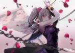  1girl angel_wings arched_back armpits arms_up blurry_foreground chains commentary_request dress drill_hair elbow_gloves fallen_angel flower focused gloves greatpengh hair_flower hair_ornament hair_ribbon idolmaster idolmaster_cinderella_girls kanzaki_ranko light_rays looking_at_viewer petals purple_dress red_eyes ribbon rose_petals rosenburg_engel silver_hair smile solo twin_drills wand wings wrist_ribbon wristband 