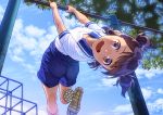  1girl :d arched_back blue_shorts brown_eyes brown_hair clouds collared_shirt day grey_legwear gym_uniform hanging horizontal_bar looking_at_viewer looking_back open_mouth original outdoors pairan playground polka_dot polka_dot_legwear shirt short_hair short_twintails shorts sky smile solo tree twintails white_shirt 