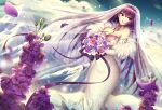  1girl bangs bare_shoulders blue_sky blurry blurry_foreground bouquet breasts bridal_veil cleavage clouds cloudy_sky commentary_request day depth_of_field detached_sleeves dress dutch_angle eyebrows_visible_through_hair fate/grand_order fate_(series) flower fur_trim hair_between_eyes head_tilt highres holding holding_bouquet large_breasts long_hair long_sleeves looking_away looking_to_the_side mallizmora outdoors parted_lips petals purple_flower purple_hair purple_rose red_eyes rose scathach_(fate)_(all) scathach_skadi_(fate/grand_order) see-through sky solo standing strapless strapless_dress tiara veil very_long_hair wedding_dress white_dress white_flower white_rose 