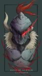  1boy absurdres anthonyray-0510 armor character_name full_armor fur_collar glowing glowing_eye goblin_slayer goblin_slayer! helmet highres knight looking_at_viewer plume solo upper_body 