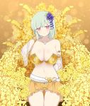  1girl arm_up bare_legs bare_shoulders belt bra breasts cleavage detached_sleeves gold green_hair hair_ornament highres image_sample jewelry large_breasts looking_at_viewer naraku_(senran_kagura) navel official_art red_eyes see-through senran_kagura senran_kagura_new_wave shiny short_hair skirt smile solo sparkle strapless thick_thighs thighs twitter_sample underwear yaegashi_nan yin_yang 