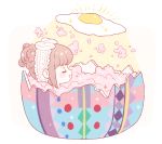  1girl bangs bath bathing blush broken_egg brown_hair bubble_bath closed_eyes easter easter_egg egg egg_yolk eggshell eleanor_(ohmyeleanor) floating floating_object food kyary_pamyu_pamyu open_mouth partially_submerged ponponpon profile sidelocks smile soap_bubbles solo sparkle sunny_side_up_egg tied_hair white_background 