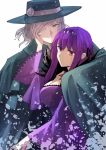  1boy 1girl black_cloak breasts cleavage cloak dress edmond_dantes_(fate/grand_order) eyebrows_visible_through_hair fate/grand_order fate_(series) fedora fur_trim hair_between_eyes hair_over_one_eye hand_on_another&#039;s_face hat jewelry large_breasts long_hair looking_at_viewer petals purple_dress purple_hair red_eyes scathach_(fate)_(all) scathach_skadi_(fate/grand_order) tiara tsengyun wavy_hair white_background white_hair yellow_eyes 