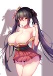  1girl :p azur_lane bare_shoulders black_hair blush breasts cleavage closed_mouth collarbone commentary_request eyebrows_visible_through_hair geonjeonhannick hair_ribbon highres huge_breasts korean_commentary long_hair looking_at_viewer orange_eyes red_ribbon ribbon solo standing taihou_(azur_lane) tongue tongue_out twintails 