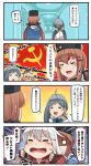  4girls 4koma =_= ahoge aqua_bow aqua_neckwear black_gloves black_hat blonde_hair blush blush_stickers bow bowtie brown_hair comic commentary_request emphasis_lines eyebrows_visible_through_hair facial_scar fingerless_gloves gangut_(kantai_collection) gloves grey_hair hair_between_eyes hair_bun hair_ornament hairclip hammer_and_sickle hat highres ido_(teketeke) iowa_(kantai_collection) kantai_collection kiyoshimo_(kantai_collection) long_hair low_twintails motion_lines multiple_girls no_hat no_headwear o_o open_mouth papakha red_shirt russian scar shaded_face shirt smile speech_bubble tashkent_(kantai_collection) tears translation_request twintails white_hair white_shirt 