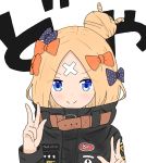  &gt;:) 1girl abigail_williams_(fate/grand_order) atsumisu background_text bangs black_bow black_jacket blonde_hair blue_eyes bow character_name closed_mouth commentary_request crossed_bandaids double_w eyebrows_visible_through_hair fate/grand_order fate_(series) hair_bow hair_bun hands_up heroic_spirit_traveling_outfit highres jacket long_hair long_sleeves object_hug orange_bow parted_bangs polka_dot polka_dot_bow simple_background sleeves_past_fingers sleeves_past_wrists smile solo star stuffed_animal stuffed_toy teddy_bear translated v-shaped_eyebrows w white_background 