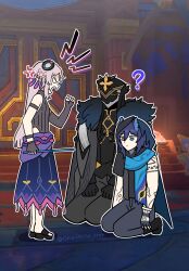  1girl 2boys ? absurdres anger_vein animal_ears architecture arm_strap arms_at_sides asymmetrical_gloves bat_ears black_cape black_coat black_footwear black_gloves black_hood black_leotard black_pants black_shirt blue_cape blue_scarf blue_trim body_markings braid cape capitano_(genshin_impact) citlali_(genshin_impact) clenched_hand clenched_hands closed_mouth coat commentary_request door elbow_gloves expressionless family feather_hair_ornament feathers fingerless_gloves fur-trimmed_collar fur_collar fur_trim genshin_impact gloves gold_trim grandmother_and_grandson hair_between_eyes hair_ornament hair_rings hand_up height_difference heterochromia highres hip_vent holding holding_stick kneeling korean_commentary legs_together leotard long_hair mask meme mesoamerican_architecture mom_scolding_her_kid_and_husband_(meme) multiple_boys ooyun open_mouth ororon_(genshin_impact) overskirt pants pink_hair pink_skirt purple_hair purple_skirt sandals scarf scolding seiza shaded_face shadow shirt shoulder_strap sidelocks sitting skirt sleeveless_leotard stick tassel v-shaped_eyebrows white_eyes 