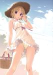  1girl absurdres bag bangs bare_shoulders blue_sky bracelet breasts brown_hair buttons clouds cloudy_sky collarbone day dress eyebrows_visible_through_hair hand_up handbag hat highres holding jewelry koutaro looking_at_viewer medium_breasts open_mouth original outdoors panties pantyshot scan shiny shiny_hair short_hair sky sleeveless solo straw_hat underwear upskirt violet_eyes 