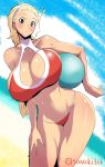  1girl ahoge ball beachball bikini blonde_hair blush breasts brown_eyes cleavage cleavage_cutout closed_mouth commentary_request cowboy_shot girls_und_panzer hair_pulled_back hairband halterneck hand_on_own_thigh head_tilt holding huge_breasts leaning_to_the_side light_frown long_hair looking_at_viewer navel red_bikini sasaki_akebi sasaki_tatsuya skindentation solo standing string_bikini sweatdrop swimsuit tan thighs white_hairband 