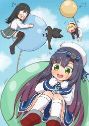  3girls :o asashio_(kancolle) balloon bird black_hair blonde_hair blue_sky comiching commentary_request crow gloves gradient_hair green_eyes hat highres jervis_(kancolle) kantai_collection kneehighs matsuwa_(kancolle) miniskirt multicolored_hair multiple_girls nervous_sweating pecking pleated_skirt popped_balloon purple_hair sailor_hat school_uniform serafuku skirt sky socks suspender_skirt suspenders sweat white_gloves white_socks 