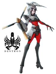 1girl arthropod_girl beetle_girl bodysuit commentary cyborg eidenjyou1997 english_commentary fake_horns full_body genderswap genderswap_(mtf) helmet high_heels highres horned_helmet horns kaijin kamen_rider kamen_rider_v3_(series) logo mechanical_arms monster_girl open_mouth pelvic_curtain propeller propeller_kabuto purple_hair red_bodysuit red_eyes simple_background single_mechanical_arm solo standing teeth upper_teeth_only white_background