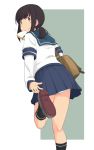  1girl arm_warmers ass bag black_hair black_legwear blue_sailor_collar blue_skirt food food_in_mouth from_behind fubuki_(kantai_collection) kantai_collection kugui_kiyunemu long_hair looking_at_viewer looking_back mouth_hold panties pleated_skirt sailor_collar school_bag school_uniform serafuku skirt socks solo standing standing_on_one_leg toast toast_in_mouth underwear white_panties 