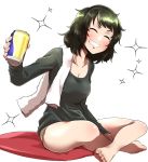  1girl ^_^ between_legs blush bra breasts can closed_eyes closed_eyes commentary_request green_hair grin hand_between_legs holding holding_can indian_style ishii_takuma kawakami_sadayo medium_breasts messy_hair no_pants persona persona_5 shirt short_hair simple_background sitting sitting_on_pillow smile solo sparkle sweatdrop towel underwear white_background 
