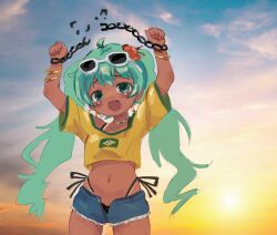  1girl bad_link bare_legs brazilian_flag brazilian_miku broken broken_chain chain cowboy_shot fang fini_hoover hatsune_miku highres jewelry long_hair necklace shorts sky solo sunglasses sunset tears vocaloid 