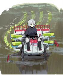  1boy alternate_universe bags_under_eyes black_eyes boots cleaning driving dungeon_meshi elf gapamopa gloves grey_hair highres male_focus mithrun one_eye_closed pants pointy_ears reflective_floor shirt short_hair sitting solo wavy_hair 