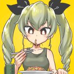  1girl anchovy bangs black_ribbon black_shirt chopsticks comic commentary_request cup drill_hair eating eyebrows_visible_through_hair food food_in_mouth girls_und_panzer green_hair hair_ribbon holding long_hair mouth_hold pasta red_eyes ribbon shirai_keita shirt simple_background sitting solo tank_top twin_drills twintails upper_body white_pupils yellow_background 