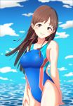  1girl arm_behind_back blue_sky blue_swimsuit brown_eyes brown_hair clouds competition_swimsuit cowboy_shot day highres idolmaster idolmaster_cinderella_girls long_hair looking_at_viewer nitta_minami one-piece_swimsuit outdoors parted_lips sky smile solo swimsuit tabira_(kpiclike) 