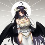  1girl ahoge albedo bare_shoulders black_hair black_wings breasts cleavage commentary detached_collar elbow_gloves english_commentary eyebrows_visible_through_hair feathered_wings gloves hair_between_eyes hand_on_own_chest hip_vent horns jewelry large_breasts long_hair looking_at_viewer low_wings one_eye_closed open_mouth overlord_(maruyama) ring solo teru_(renkyu) wedding_ring white_gloves wings yellow_eyes 
