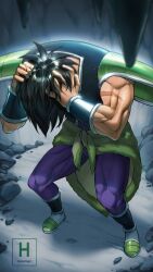  1boy absurdres artist_logo black_hair broly_(dragon_ball_super) cave_interior despair dragon_ball dragon_ball_super hands_on_own_head highres hydeover9000 male_focus muscular muscular_male pants purple_pants scar scar_on_arm solo stalactite standing wristband 