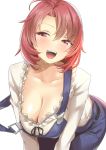  1girl :d bangs blouse blush breasts cleavage cow_girl_(goblin_slayer!) goblin_slayer! half-closed_eyes highres large_breasts leaning_forward nukkoru open_mouth overalls red_eyes redhead short_hair sidelocks simple_background smile sweat white_background 