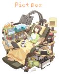  1girl alarm_clock aquarium barefoot biscuit book brown_hair cat cellphone clock coffee_maker_(object) controller drawing_tablet food headset hourglass itou_(mogura) keyboard_(computer) lamp monitor mouse_(computer) multiple_cats nintendo_switch original phone pillow recliner reclining remote_control smartphone television tissue_box trash_can white_background 