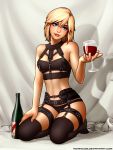 1girl absurdres alcohol amy_(aidenke) bangs black_legwear black_panties blonde_hair blue_eyes borrowed_character bottle breasts collar commentary cup drinking_glass english_commentary eyebrows full_body garter_straps hand_on_own_thigh head_tilt highres lingerie lips lipstick looking_at_viewer makeup midriff navel original panties ronindude seiza short_hair sitting small_breasts solo swept_bangs thigh-highs thigh_strap toned underwear underwear_only wine wine_bottle wine_glass 