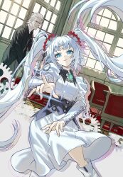  1boy 1girl black_corset black_suit blue_eyes blush breasts brooch butler corset dress formal gears gradient_hair highres indoors jewelry long_hair long_sleeves looking_at_viewer multicolored_hair original outstretched_arm pink_hair small_breasts solo_focus suit tuxedo_shirt twintails very_long_hair white_dress white_footwear white_hair yo-ba_yo 